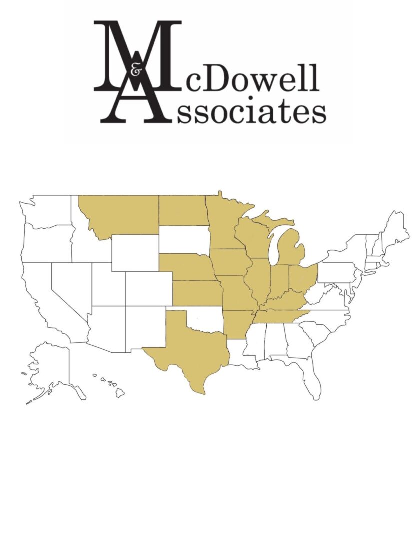 A map of the united states with mcdowell associates in yellow.